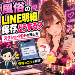 LINEの報酬明細の保存方法を考える成人女性と、PDF・画像の保管を案内する税理士のイラスト