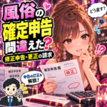 風俗の確定申告の間違いに悩む女性と、申告の訂正を案内する税理士のイラスト