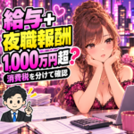 昼職の給与と夜職の報酬で1,000万円超？消費税の売上判定を分けるを案内する女性と税理士のイラスト
