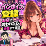 夜職のお店からインボイス登録を求められたら？報酬条件と申告の確認を案内する女性と税理士のイラスト