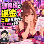 夜職のお店から源泉徴収税が返金されたら？訂正明細と確定申告の確認を案内する女性と税理士のイラスト