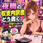 夜職の収支内訳書はどう書く？売上・店引き・経費のつなぎ方を案内する夜職の女性と税理士のイラスト