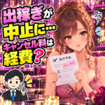 出稼ぎの取消料と返金の資料を持って申告に悩む女性と税理士のイラスト