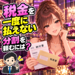 納税の猶予に必要な書類と申告を税理士へ尋ねる夜職女性のイラスト
