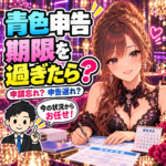 青色申告の期限を過ぎた女性が申請と申告の状況を税理士と確認するイラスト