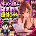 未申告の年の源泉徴収額と年間税額を確認し、還付か追加納付かを整理するキャバ嬢と税理士のイラスト