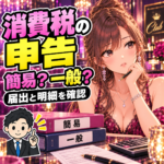 夜職の消費税申告で簡易課税と一般課税を比較し届出と経費資料を確認する女性