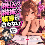 夜職の報酬明細と税込・税抜の帳簿を確認する成人女性と税理士